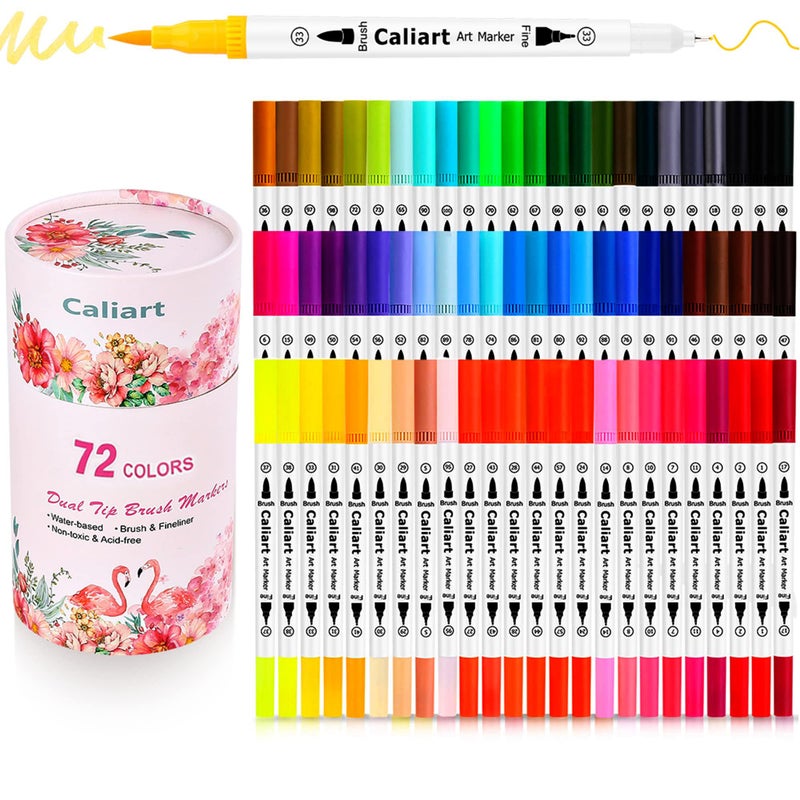 Caliart 72 Colors Double Tip Brush Pens Art Markers, Artist Fine & Brush Pen Coloring Markers for Adult Book Cards Drawing Craft Kit Teacher Office Supplies - Image 1